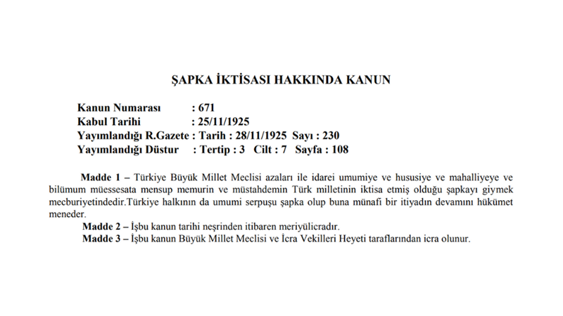 671 SAYILI ŞAPKA İKTİSASI HAKKINDA KANUN